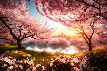 A breathtaking view of cherry blossom trees at sunrise, as the sun peeks through the branches, and a butterfly adds to the enchantment.