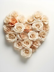 Bouquet of beige Roses shaping a Heart on a white Background. Romantic Template with Copy Space