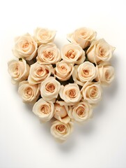 Bouquet of beige Roses shaping a Heart on a white Background. Romantic Template with Copy Space