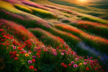 A stunning view of a lush, multi-colored meadow stretching out under the summer sky. - obrazy, fototapety, plakaty