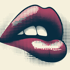 retro halftone vector abstract female lips - obrazy, fototapety, plakaty