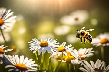 Obraz premium A bee collecting nectar from a vibrant daisy in a sunlit meadow.