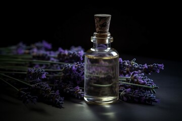 Obraz na płótnie Canvas Essential lavender aromatic bottle oil. Herbal medical scented fragrant extract. Generate ai