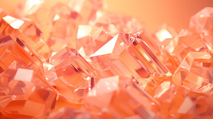Close up of a lot of cut diamonds in peach fuzz color. 3d rendering of crystal pieces in orange light. Abstract background and texture for design. Soft focus.