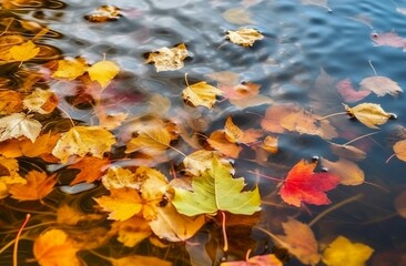 Fall leaves in water pond. Colorful autumnal leafage on water surface. Generate ai