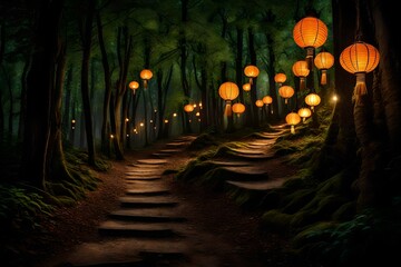 A secluded forest path illuminated by a trail of lanterns