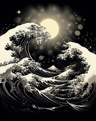 Black high waves of the sea in Japanese style against the backdrop of the moon, noisy restless ocean picture