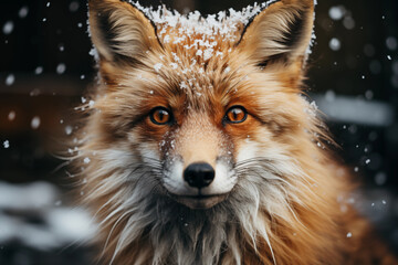 A close-up of a fox's face in the snow, minimalistic cinematic style - obrazy, fototapety, plakaty