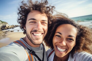 Seaside Serenity: Frontal View Detailing the Pleasure of a Young Couple's Beach Experience