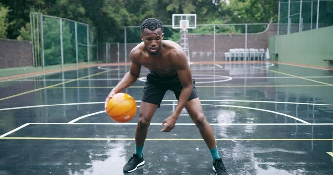 African man, dribbling and sport on basketball court, fitness or health in summer sunshine for performance. Person, guy or athlete for idea, workout or strategy for training, exercise or game in park