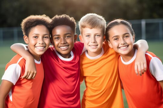 Fototapeta Few diverse happy kids soccer players. Multicultural junior football game team. Generate ai