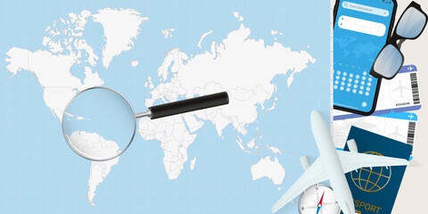 Saint Lucia is magnified over a World Map, illustration with airplane, passport, boarding pass, compass and eyeglasses. © boldg