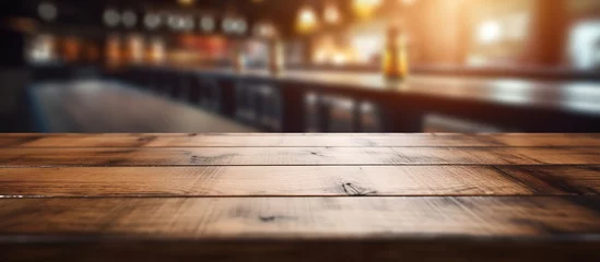 Fotobehang rustic countryside bar background with wooden table board foreground, idea for display mock-up, Generative Ai © QuietWord