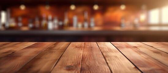 rustic countryside bar background with wooden table board foreground, idea for display mock-up, Generative Ai - obrazy, fototapety, plakaty