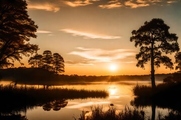 Obraz premium A breathtaking landscape of a calm lake, silhouetted trees, and the golden hues of a sunset