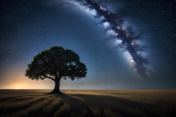 Fototapeta na wymiar A solitary tree standing in the middle of a vast grassy plain, under a clear, starry night sky.
