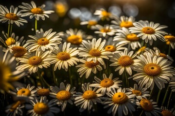 Fototapeta premium A close-up of dew-kissed yellow daisies glistening in the morning light