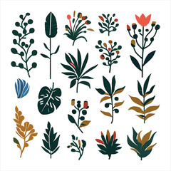beautiful reimagined risograph set of plant symbols with botanical elements. isolated on a white background. 