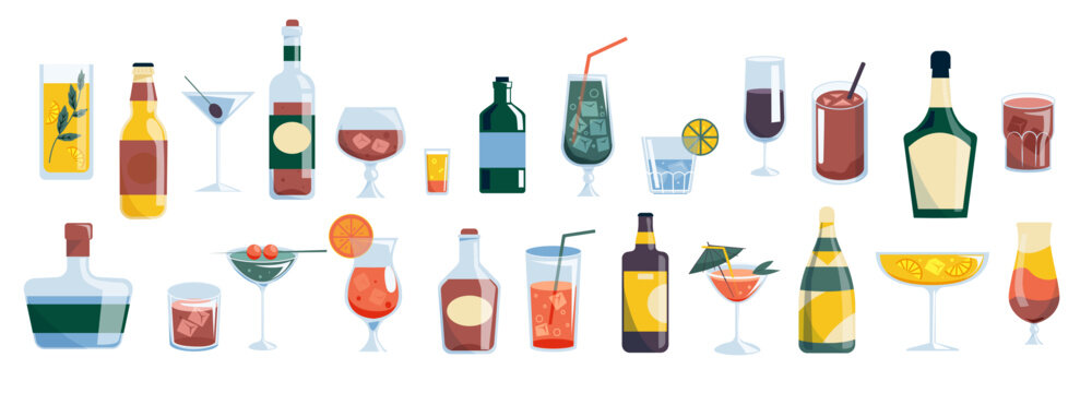 Alcohol drinks collection. Bar and restaurant menu with cocktail and wine, whiskey and rum, vermouth and gin. Vector alcohol beverage set
