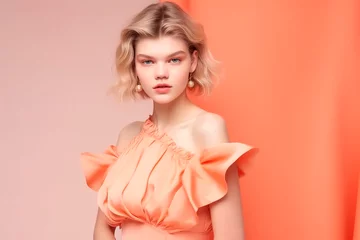 Peel and stick wall murals Pantone 2024 Peach Fuzz female topmodel with great gala outfit in the color peach fuzz