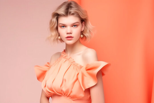 female topmodel with great gala outfit in the color peach fuzz