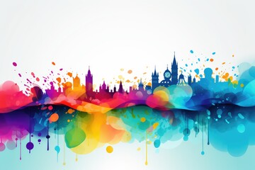 Abstract background with rainbow london cityscape. UK's LGBT History Month, focusing on the celebration of LGBTQ+ history and cultural themes specific to the United Kingdom.  - obrazy, fototapety, plakaty