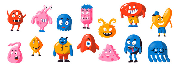 Funny monster shapes. Cute abstract monster faces with different emotions, whimsical kid characters with distorted faces and bodies. Vector isolated set - obrazy, fototapety, plakaty