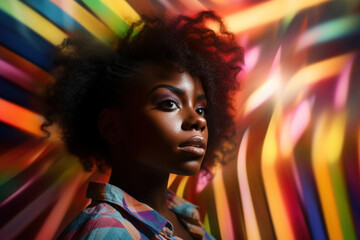 Striking portrait of a young woman with a colorful backdrop highlighting her features and expression