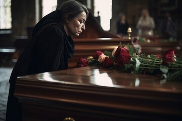 Funeral church woman. Sorrowful and sad person sits with brown coffin. Generate AI - obrazy, fototapety, plakaty