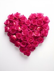 Bouquet of magenta Roses shaping a Heart on a white Background. Romantic Template with Copy Space
