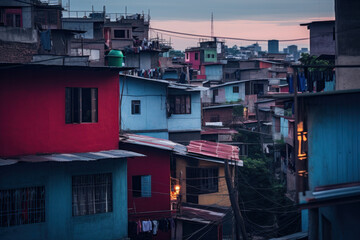 Fototapeta na wymiar Twilight over slums showcasing the stark realities of urban living conditions