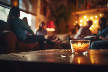 a glass bowl filled with snacks on a wooden table, with silhouettes of people enjoying their time...