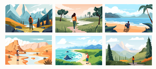 Travelers looking at scenery. Cartoon persons exploring nature and landscape, persons on vacation trip and hiking, summer vacation concept. Vector illustration