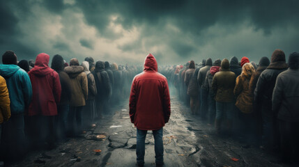 Sole individual in red facing away from a crowd, symbolizing difference or isolation - obrazy, fototapety, plakaty