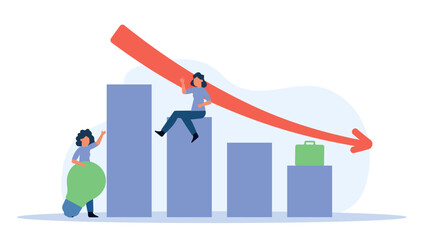 The graph of the economy went down, the growth of unemployment. Market trading problems. Women are sitting on the graph and are sad vector illustration. Business is low and arrow fall. Lost money