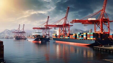 Fototapeta premium container port ship cargo illustration dock vessel, freight maritime, ex im container port ship cargo