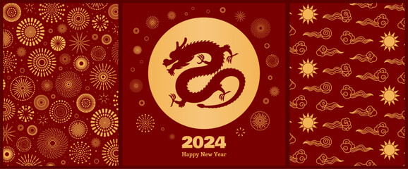 2024 Lunar New Year dragon poster, banner collection with fireworks, clouds, patterns, Chinese text Happy New Year, gold on red. Holiday card design. Hand drawn vector illustration. Flat style