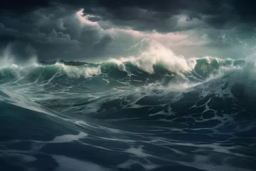 Fotobehang Dangerous big waves. Raging and destructive storm nighttime thunderstorm. Generate AI © nsit0108