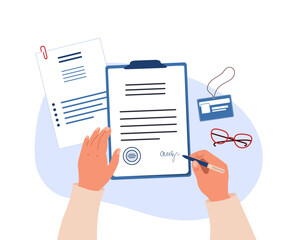 Male hands holding a pen and signing a document. Survey, quiz, contract or agreement concept. Vector illustration in flat style. - obrazy, fototapety, plakaty