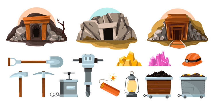 Mine tools. Cartoon miner worker tools, mining cart with drill hammer pickaxe, underground cart with mining equipment flat style. Vector isolated set