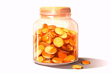 Flat vector illustration: Glass money jar filled with gold coins, symbolizing savings, investment, and business success. Dollar coin saved in a moneybox represents wealth and financial growth.
