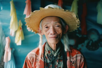 street-photo style portrait of a person in a authentic town or village surrounding