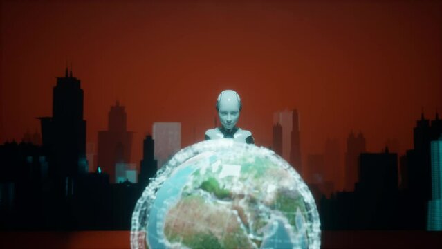 ai robot looking at planet earth holographic projection around. City futuristic downtown in background. Artificial intelligence meybe can save our home