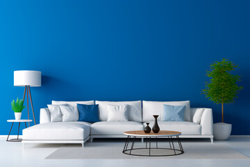 Contemporary living room: Clean lines, white walls, and a bold blue accent. Large white sectional sofa, geometric coffee table, and sleek black accents.
