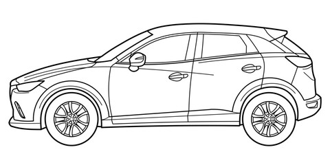 Classic luxury suv or station wagon car. Crossover car front view shot. Outline doodle vector illustration. Design for print, coloring book
