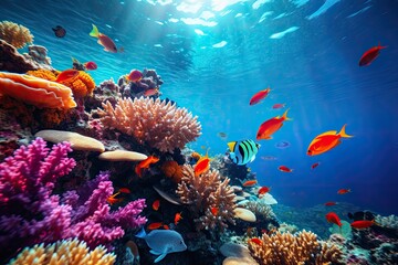 Naklejka na ściany i meble Captivating underwater scene with vibrant coral reefs and diverse marine life, oceanic biodiversity