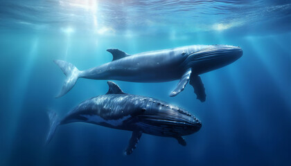 a couple of blue whales swim in the ocean under the rays of sunlight.