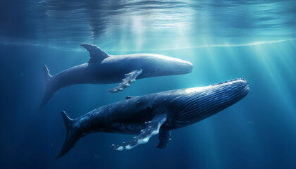 a couple of blue whales swim in the ocean under the rays of sunlight.
