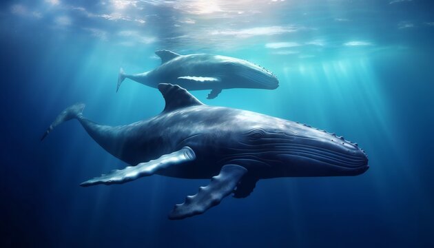 a couple of blue whales swim in the ocean under the rays of sunlight.