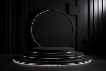 a black round podium with white lights - Powered by Adobe